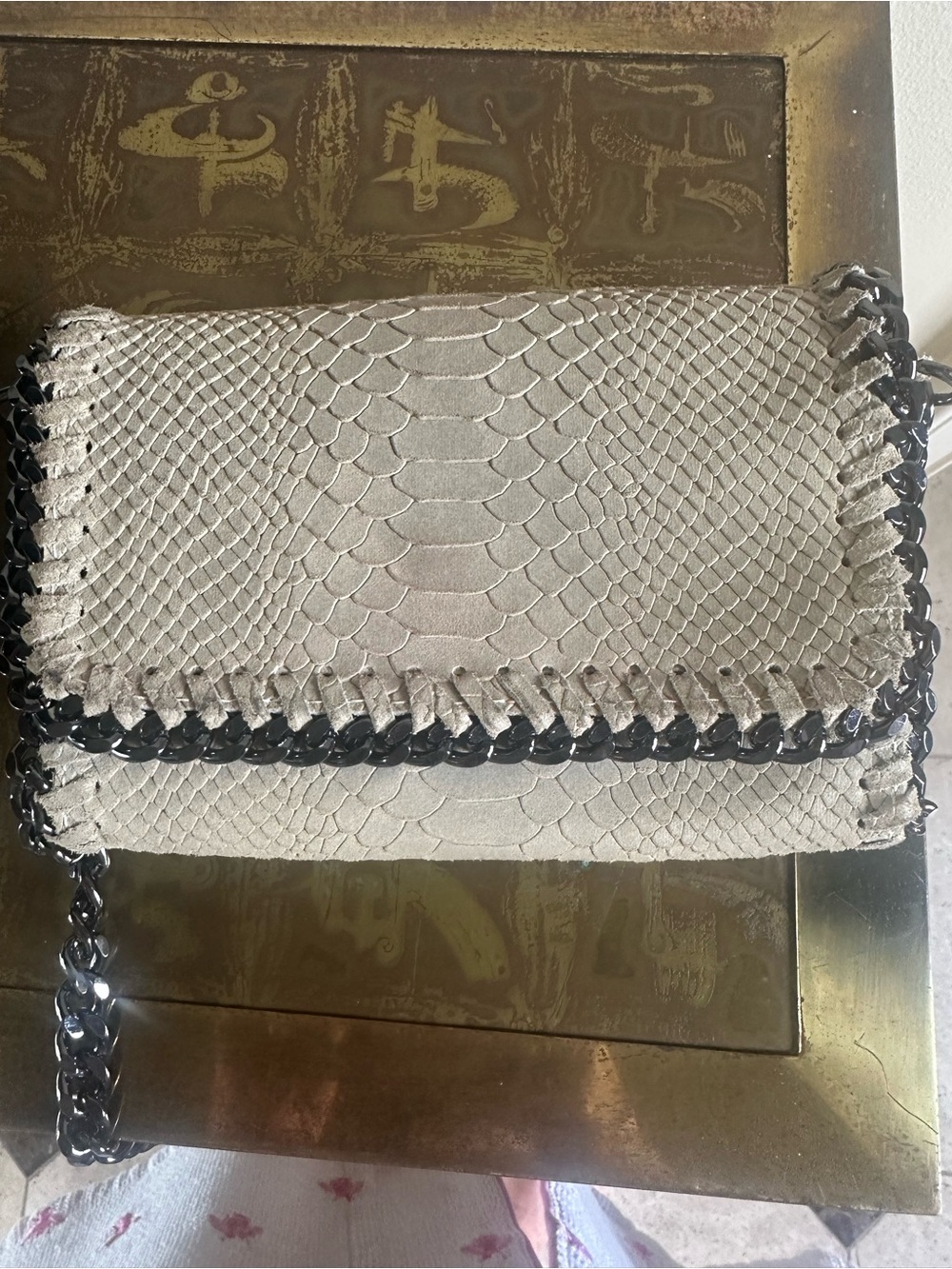Textured Light Gray Shoulder Bag with gunmetal Chain Trim designer look